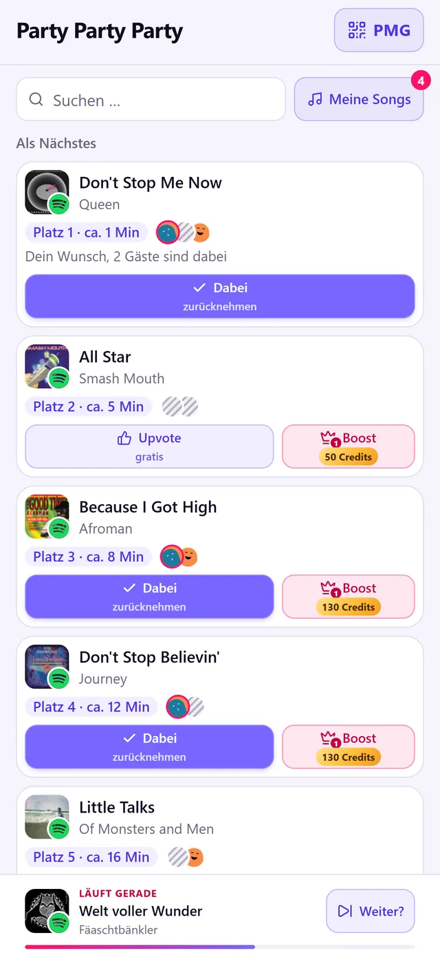 Gästeansicht: Wünsche, Upvotes und Boost entscheiden die Reihenfolge.